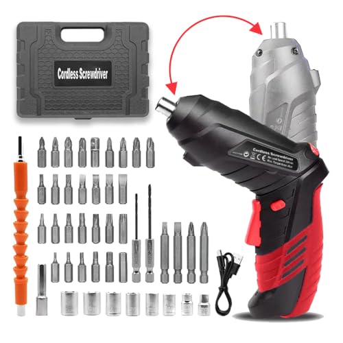 Cordless Power Screwdriver Electric Screwdriver Rechargeable Set, Battery Powered Screwdriver Kit Including 46pcs Bits, Pivoting Handle and LED Lights Small Drills Cordless (Red)