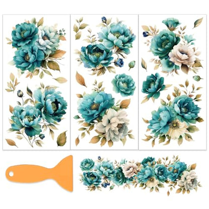OLYCRAFT 3Pcs/Set Blue Green Flower Rub on Transfers for Furniture and Craft 6x12 Inch Peony Furniture Decal Transfer Sticker Rub on Decal with 1pc Scraper for Scrapbook Window Home Decoration - style: Blue Green Flower