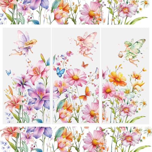 WANDIC 3 Sheets Transfers Stickers for Furniture,Rub on Transfers Decals Flower Fairy Patterns DIY Decor Stickers for Scrapbook Home Window,15x30cm - color: Elf Wildflowers