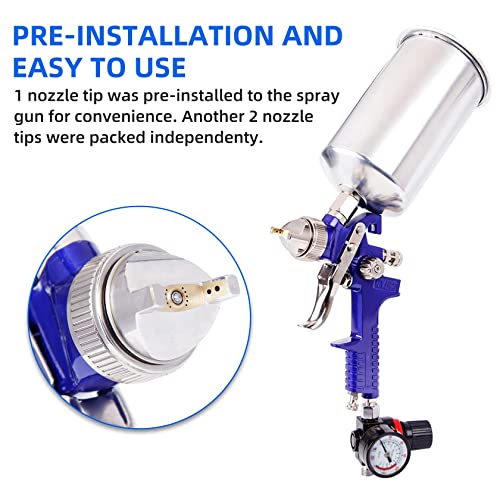 BANG4BUCK Professional HVLP Gravity Feed Air Spray Gun, 1.4mm 1.7mm 2.5mm Nozzles, 1000cc Aluminum Cup with Gauge for Auto Paint, Primer, Clear/Top Coat & Touch-Up - color: Blue
