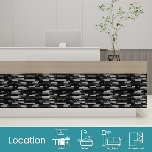 Nicesungdeco Peel and Stick 3D Natural Stone Mosaic Backsplash Tiles, 12" x 12" 5-Sheet Backsplash Self Adhesive Tiles for Kitchen Fireplace Vanity (Black Silver) - color: BLACK SILVER