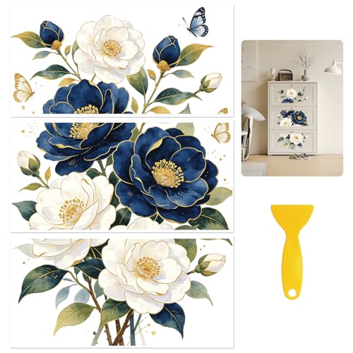 Rub On Transfers for Crafts, 3pcs Blue and White Flowering Shrubs Transfers UV DTF Stickers Waterproof Decals for Wood Door Window DIY Home Decor - color: Blue and White Floral