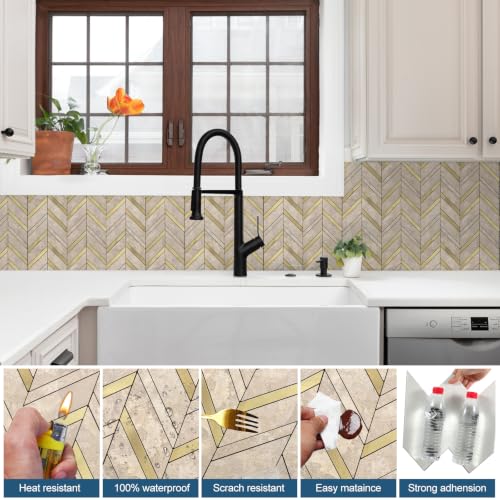 Yipscazo 10-Sheet Herringbone Peel and Stick Backsplash, Beige Stone Mixed Metal Gold PVC Stick on Tiles for Kitchen, Waterproof Self Adhesive Wall Tiles for Bathroom - color: Beige Stone