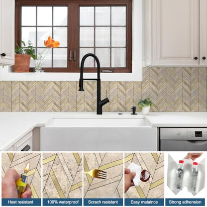 Yipscazo 10-Sheet Herringbone Peel and Stick Backsplash, Beige Stone Mixed Metal Gold PVC Stick on Tiles for Kitchen, Waterproof Self Adhesive Wall Tiles for Bathroom - color: Beige Stone