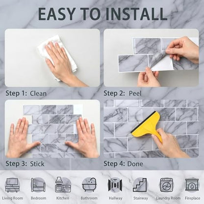 Arttown Peel and Stick 3D Wall Backsplash 10-Sheet, 12" × 12" Marble White - color: White Marble, size: 10PC 12"x12"