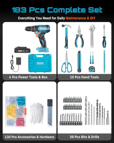 Seesii 20V Power Drill Set, 183Pcs Tool Kit with Toolbox for Home DIY