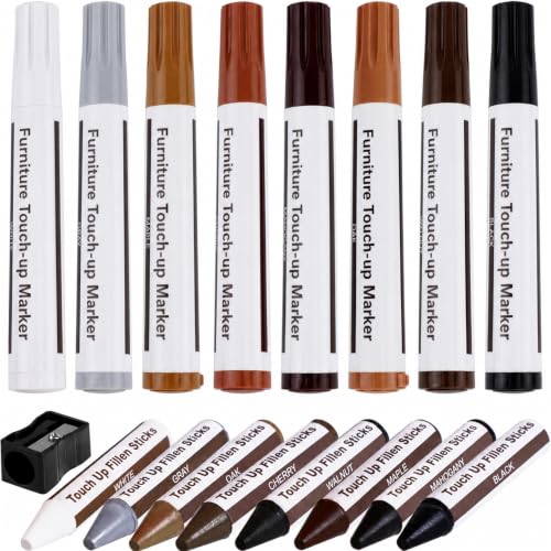 SEISSO Furniture Markers Touch Up - 17PCS Furniture Repair Kit, 8 Colors Wood Markers and Wax Sticks with Sharpener Kit Used for Stains, Scratch, Wood Floors, Stains, Tables, Desks, and Cover Ups - size: 8+8+Sharpener kit