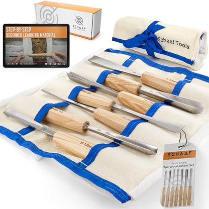 Schaaf Wood Carving Tools 7-pc Wood Chisel Set with Gouges, Cr-V 60 Steel - color: Natural Wood