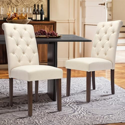 COLAMY Tufted Dining Chairs Set of 2, Accent Parsons Diner Chair Upholstered Fabric Stylish Kitchen Chairs with Solid Wood Legs and Padded Seat, Beige - color: Beige, size: set of 2