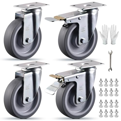 5 Inch Castets Set of 4 Heavy Duty Caster Wheels with Brake 3000Lbs Swivel TPR Rubber Wheel Silent Castor Locking Industrial Plate Casters Wheels for Cart Furniture Workbench, Free Bolts and Nuts