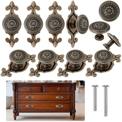 10 Pcs Antique Brass Cabinet Knobs Vintage Retro Drawer Knobs with Backplate Flower Shape Metal Dresser Pull Handles for Kitchen Cupboard Wardrobe Cabinet (Daisy) - style: Daisy