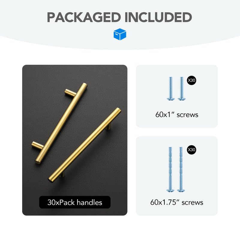 HOME EDIT Gold Cabinet Handles, Drawer Pulls, 5 Inch, 30 Pack - color: Brushed Brass, size: 5 Inch Hole Center