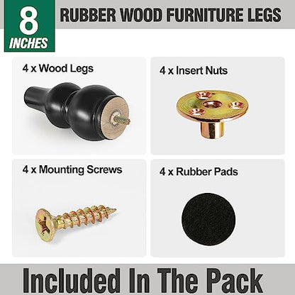 FoDau770 Rubber Wood Furniture Legs 8 Inch, Black Couch Legs, 4pcs - color: Black, size: 8 Inch