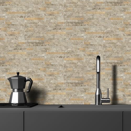 STICKGOO 20 Sheets Peel and Stick Backsplash Tile, Stick on Backsplash for Kitchen and Bathroom, Stone Beige Marble Look PVC Mixed Metal Gold Self Adhesive Wall Tiles - color: Stone Beige + Metal Gold