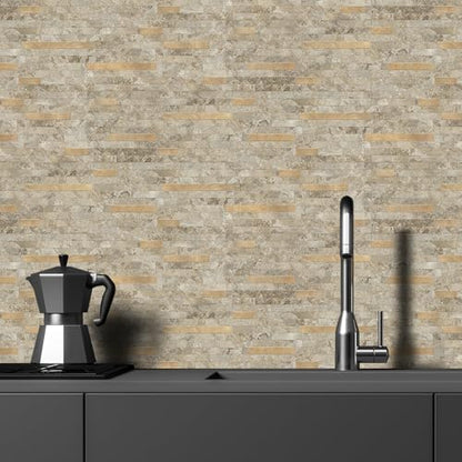 STICKGOO 20 Sheets Peel and Stick Backsplash Tile, Stick on Backsplash for Kitchen and Bathroom, Stone Beige Marble Look PVC Mixed Metal Gold Self Adhesive Wall Tiles - color: Stone Beige + Metal Gold