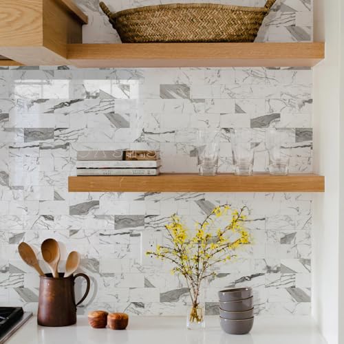 STICKGOO 10-Sheet Subway Tile Peel and Stick Backsplash, Seamless Design Glossy Carrara White Kitchen Backsplash Wall Tiles, Waterproof Stick on Tile for Bathroom, RV, Fireplace - color: Glossy Carrara White