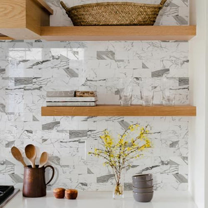 STICKGOO 10-Sheet Subway Tile Peel and Stick Backsplash, Seamless Design Glossy Carrara White Kitchen Backsplash Wall Tiles, Waterproof Stick on Tile for Bathroom, RV, Fireplace - color: Glossy Carrara White