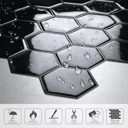 10-Sheet Hexagon Peel and Stick Kitchen Backsplash Tiles,Honeycomb Waterproof Self-Adhesive Wall Tile Stick on Backsplash for Kitchen,RV and Bathroom(Black,12"×12") - color: Black