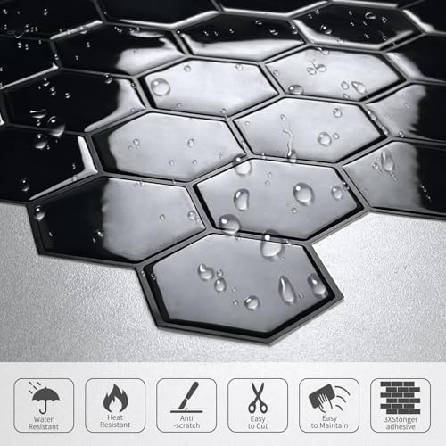 10-Sheet Hexagon Peel and Stick Kitchen Backsplash Tiles,Honeycomb Waterproof Self-Adhesive Wall Tile Stick on Backsplash for Kitchen,RV and Bathroom(Black,12"×12") - color: Black