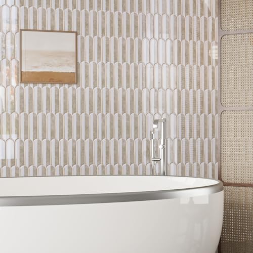 CRE8TIVE 4 Sheets Long Fish Scale Tile Peel and Stick Backsplash for Kitchen and Bathroom Adhesive Backsplash Stick on Wall Tiles Peel and Stick Shower Tile Waterproof 12"x12" White Brown Slate Tiles - color: White Brown, size: 12"x12" (4-Sheets)