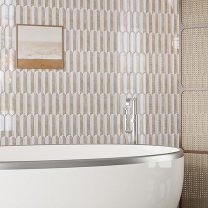CRE8TIVE 4 Sheets Long Fish Scale Tile Peel and Stick Backsplash for Kitchen and Bathroom Adhesive Backsplash Stick on Wall Tiles Peel and Stick Shower Tile Waterproof 12"x12" White Brown Slate Tiles - color: White Brown, size: 12"x12" (4-Sheets)