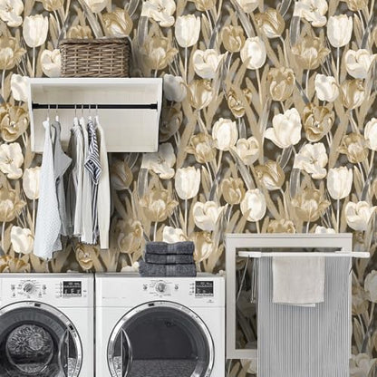 Tulip Retro Flower Wallpaper，17.71 "x 118.1" Golden Aesthetic Contact Paper Waterproof Vinyl Wallpaper for Kitchen Backsplash Bathroom Cabinet - color: flower-07, size: 17.7" x 118.1"