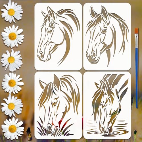 FINGERINSPIRE 4PCS Horse Head Stencils with 1Pc Brush 8.3x11.7inch Traditional Horses Pattern Stencil Template Animal Horses Head Stencils for Painting on Wood Wall Furniture DIY Home Decoration - style: Horse Head