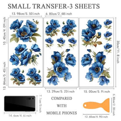 OLYCRAFT 3Pcs/Set Anemone Rub on Transfers for Furniture and Craft 6x12 Inch Blue Flowers Furniture Decal Transfer Stickers Rub on Decal with 1pc Scraper for Cabinet Wardrobe Decoration - style: Anemone
