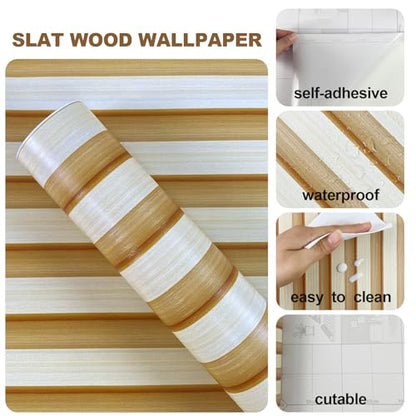 Natural Wood Slat Wallpaper Peel and Stick Wood Panel Wall Decor - color: Yellow and white alternating natural wood