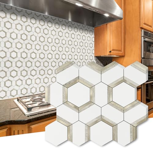 STICKGOO Mixed Metal Peel and Stick Backsplash Tiles, White Light Gold - color: White with Rose Gold