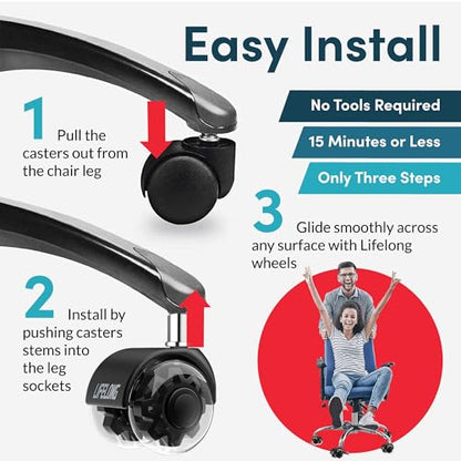 Lifelong Dual Office Chair Wheels Replacement, Heavy Duty, 5-Pack Fits 98% - color: Clear & Black, size: 2 Inch