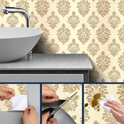 HOMETITUTE Beige Gold Damask Peel Stick Wallpaper 118.1x17.7 Inch Vinyl - color: Gold Damask on Beige Background