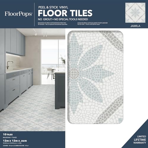 FloorPops Jamila Grey Peel and Stick Floor Tiles, Medallion Vinyl Floor Tiles, Water Resistant, 12 in x 12 in, Pack of 60 - color: Gray (Pack of 6)
