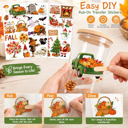 WANDIC 3 Sheets Rub On Transfer Stickers, Autumn Halloween Christmas Combo Set Waterproof Decal for Furniture Wood Scrapbook Crafts Journal Card Making - color: Autumn & Halloween & X Mas