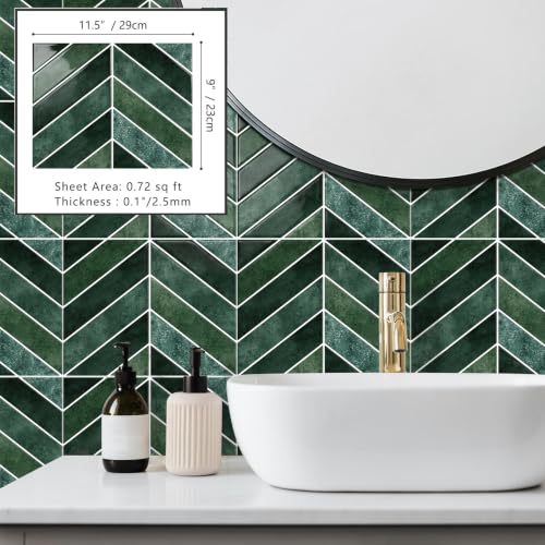 10-Sheet Herringbone Peel and Stick Backsplash Tiles for Kitchen, 3D Marble Look Self Adhesive Stick on Back Splashes Wall Tiles for Bathroom 11.5"x9" Dark Green - color: DarkGreen