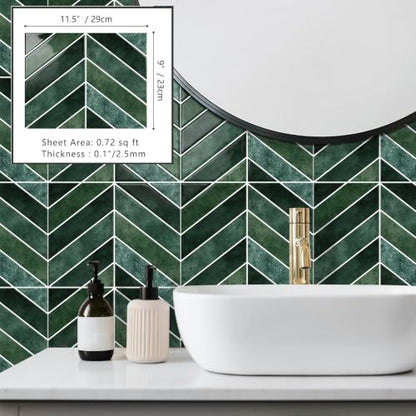 10-Sheet Herringbone Peel and Stick Backsplash Tiles for Kitchen, 3D Marble Look Self Adhesive Stick on Back Splashes Wall Tiles for Bathroom 11.5"x9" Dark Green - color: DarkGreen