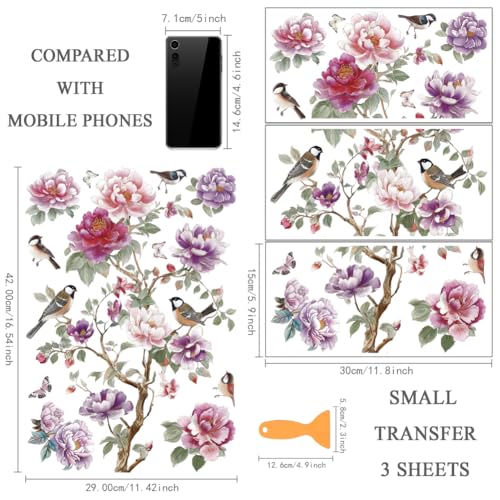 OLYCRAFT 3Pcs Pink Peony Rub on Transfers for Furniture and Crafts 12x6cm Floral Birds Furniture Decals Decor Large Pattern Transfer Stickers with 1Pc Scraper for Glass Cups Cabinets Decor - style: Pink flower