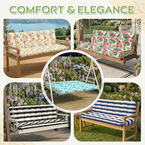Oxford Fabric Swing Cushions with Backrest & Tie Straps for Patio Bench - color: Red Floral With Green Leaf
