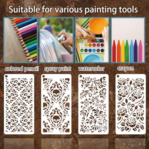 12 Sheets Gothic Texture Stencil for Painting, Rose Skull Retro Flower Drawing Stencil Reusable Punk Rock Art Template for Painting on Wall Wood Home Decor - style: Gothic Texture