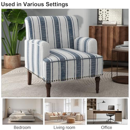Mid-Century Modern Accent Chair, Dark Blue Stripe, Set of 2 - color: Fabric Dark Blue Stripe