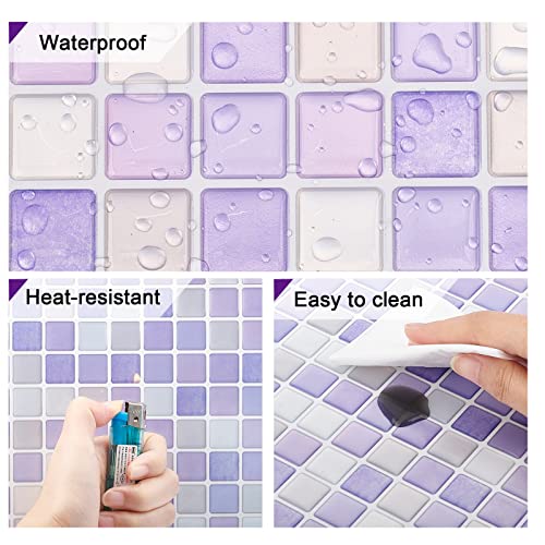 PH PandaHall 5pcs Peel and Stick Backsplash Purple Square 3D Mosaic Removable Tile Stickers Self Adhesive Tiles Stick-on Vinyl Wall Tiles for Kitchen Bathroom Home Decor, 9.3" X 9.3" Covering 3 Sq.ft
