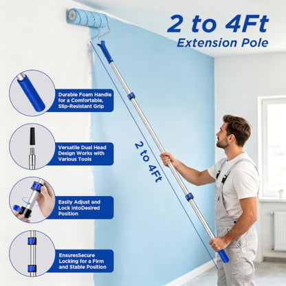 32PCS Paint Roller Kit, 2-4FT Pole, 4"&9" Microfiber Rollers & Brushes
