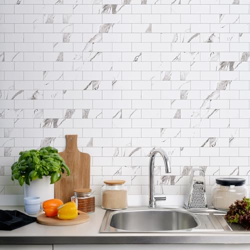 STICKGOO 10-Sheet Subway Tile Peel and Stick Backsplash, Calacatta - color: Calacatta