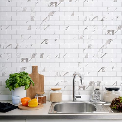 STICKGOO 10-Sheet Subway Tile Peel and Stick Backsplash, Calacatta - color: Calacatta