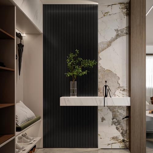 YLL YLL PVC Slat Wall Panel Peel and Stick 236"x 15.7" Faux Black Wood Grain Slat Panel Self-Adhesive Wallpaper Soundproof 3D Wall Panels - color: Black, size: 15.7" x 236"