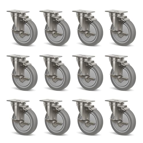 5" Caster Wheels Heavy Duty, Stainless Steel Casters for Hospitals Food Labs, Each Industrial Rubber Caster Load 350 lbs(12 Brake) - style: 12 Brake