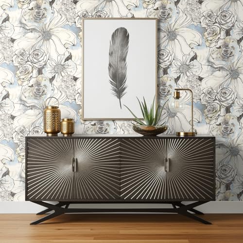 NextWall Harry & Grace Ink Rose Abstract Floral Peel and Stick Wallpaper (Blue Mist & Stoneware) - color: Blue Mist & Stoneware