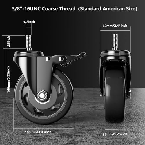 4 Inch Casters Set of 4 Heavy Duty 3/8"-16x1 Threaded Stem Caster Wheels - color: Black, size: 4in(3/8"-16)
