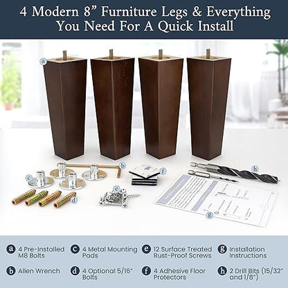 Airy Abode Premium Walnut Square Furniture Legs (Full Install Kit) - Pick Your Size and Color - color: Brown, size: 8 Inches