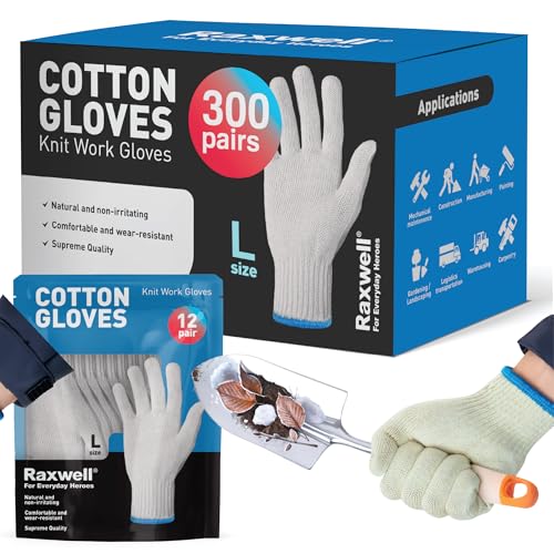 Raxwell White Cotton Gloves, 300 Pairs Bulk Case – Durable Knit Work Liners for BBQ, Painting, Gardening, Industrial, Mechanical Use, Large Size, Breathable, Comfortable - size: Large, style: Work Glove